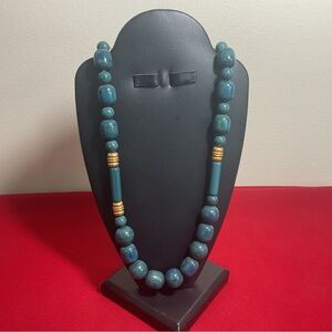 Vintage Cadoro Teal Lucite Bead Necklace Gold Tone Spacers Mid Century Statement
